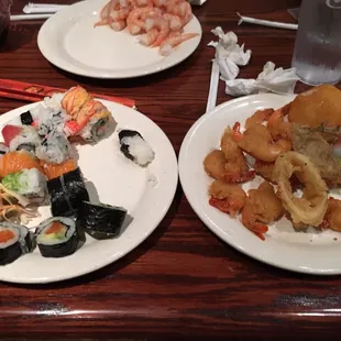 Sushi, shrimp, calamari and frog legs yum!