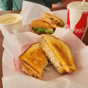 Tuna melt, salmon sandwich and clam chowder