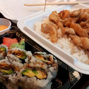 Combo: Chicken Teriyaki over rice with an eel and avocado sushi roll.  Tasty both.