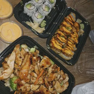 Chicken hibachi, California roll and a fried California roll with side of YumYum sauce!