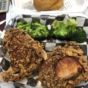 Badly burned twice fried old pork chops.