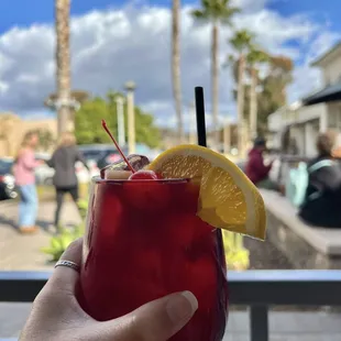 a hand holding a red drink with a slice of lemon