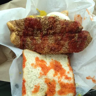 Catfish with mustard, onion, pickle, and got sauce