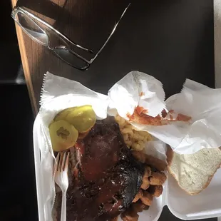 Ribs, fried okra, mac &amp; cheese