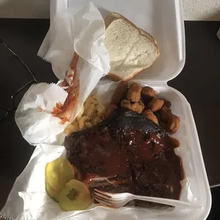 Ribs, fried okra, mac &amp; cheese