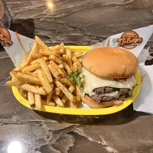 a cheeseburger and fries