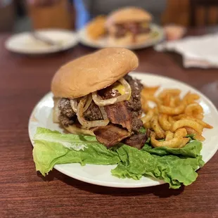 Best double bacon cheeseburger with grilled onions and curly seasoned fries EVER...