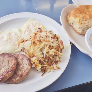 Special: Sausage, two eggs, hash browns, and a biscuit. (Side of gravy extra.)