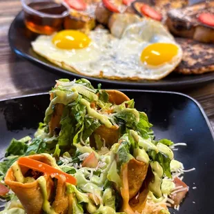 Chicken Tinga Taquitos, French Toast Plate