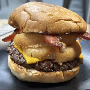 Bbq burger with onion rings and bacon... mmmm!