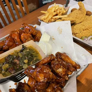 20 wings, 4 piece catfish &amp; 1 large side, w/ extra side
