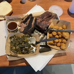 BBQ brisket, ribs w/okra and collard greens.