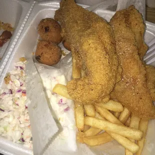 Fries catfish - served with French fries, coleslaw and hushpuppies.