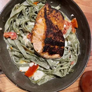 Salmon with fettuccine