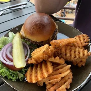 Burger and waffle fries