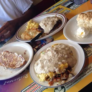 French toast, chicken fried steak &amp; eggs, sausage scramble and biscuits ...yummy