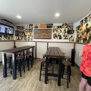 a woman standing at a table