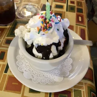 a chocolate sundae with whipped cream and sprinkles