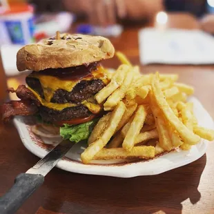 a cheeseburger and fries