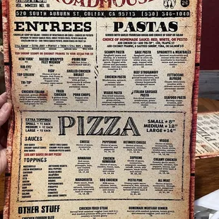 the menu for pizza