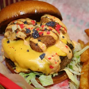 a cheeseburger and fries