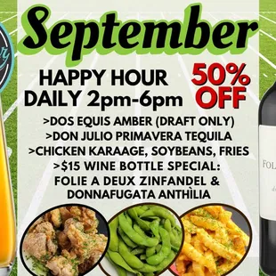 September Happy Hour Specials.  HH daily 2pm-6pm.  Monthly specials.