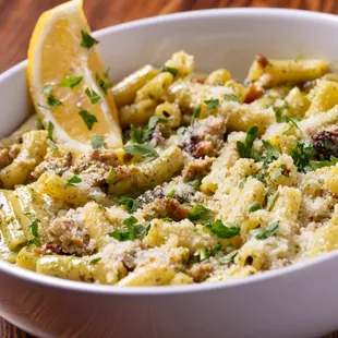 Pesto &amp; Sausage Pasta

Rigatoni, pesto, Italian sausage, lemon, grated parmesan cheese