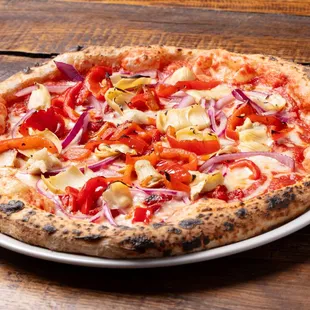 Stella Neapolitan

Artichoke, sun-dried tomatoes, red bell peppers, red onions, mozzarella, tomato sauce.