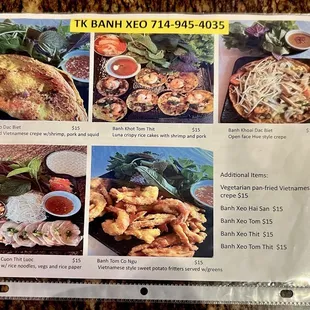 Menu for banh xeo