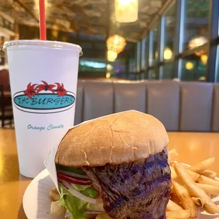 Steak sandwich, fries and Cola.  Yum!