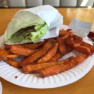 Best on menu burger lettuce wrap and sweet potato fries