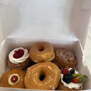 Strawberry shortcake, glazed, creme brûlée, mixed fruit &amp; jelly filled.