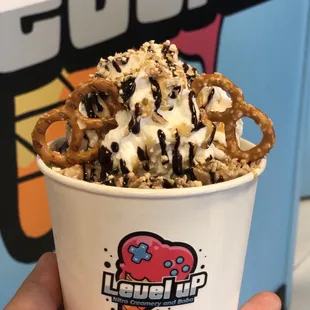 Salted Caramel Pretzel with chocolate and salted caramel drizzle.