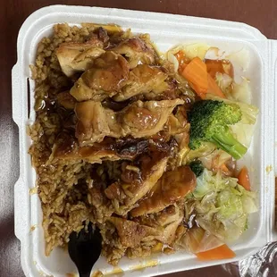 forgot to take a picture before i started eating but this is the SMALL terryaki chicken with fried rice and its a GENEROUS serving!