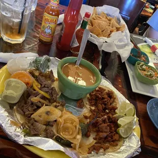 Street tacos: fajita and pastor w/charro beans