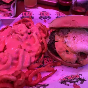 TKO Knockout Burger with cheesy fries.