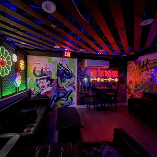 a brightly lit room with neon lights