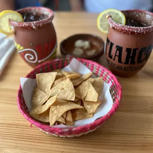 Strawberry and Mango margaritas, chips and a bean dip