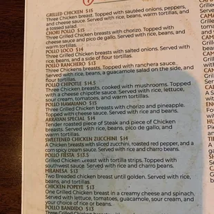 Menu - chicken options