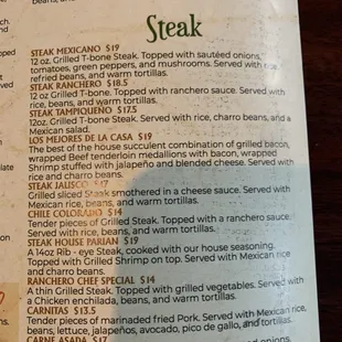 Menu - steak options