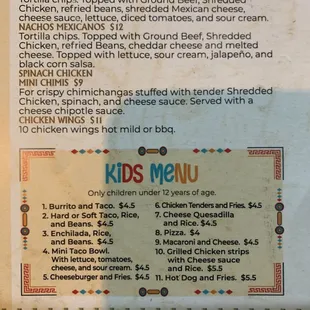 Kids menu