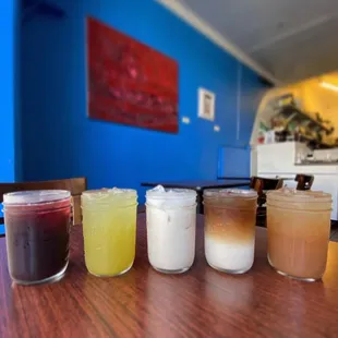 Horchata Agua Fresca, Jamaica Agua Fresca, Tamarindo Agua Fresca, Brew Chata, Mint Cucumber Lemonade