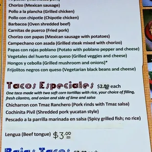 Menu Board (3 of 4): Tacos (al a carte, especiales, bajas)