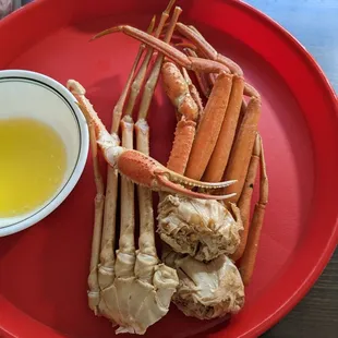Boiled to order snow crab legs.