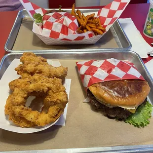 Cheeseburger with onion rings,  kids cheeseburger with sweet potato fries