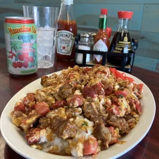 Hawaiian restaurant serving loco moco, Spam musubi, Ahi Poke bowl, Kalua pig, Lomi salmon, Lau lau, kalua cabbage and hawaiian shave ice.