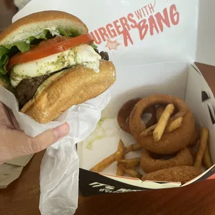 Bella burger + fries and onion rings!