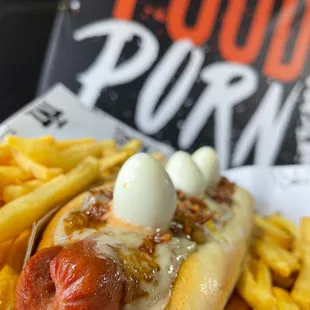 a hot dog and french fries