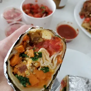 Breakfast burrito with papas dulce: sweet potato, kale