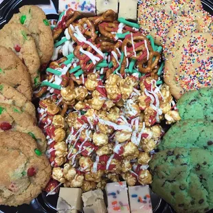 a platter of cookies, pretzels, popcorn, pretzels, pretzels